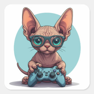 Adesivo Quadrado Gato Sphynx Segurando Controle de Jogo
