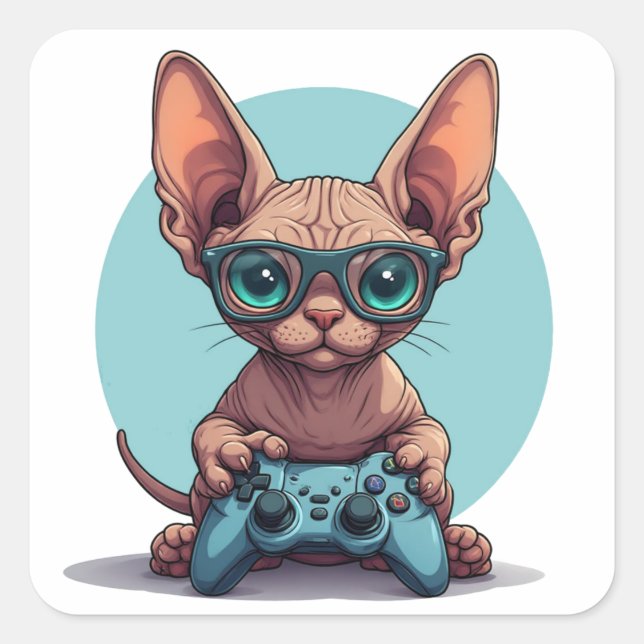 Adesivo Quadrado Gato Sphynx Segurando Controle de Jogo (Frente)
