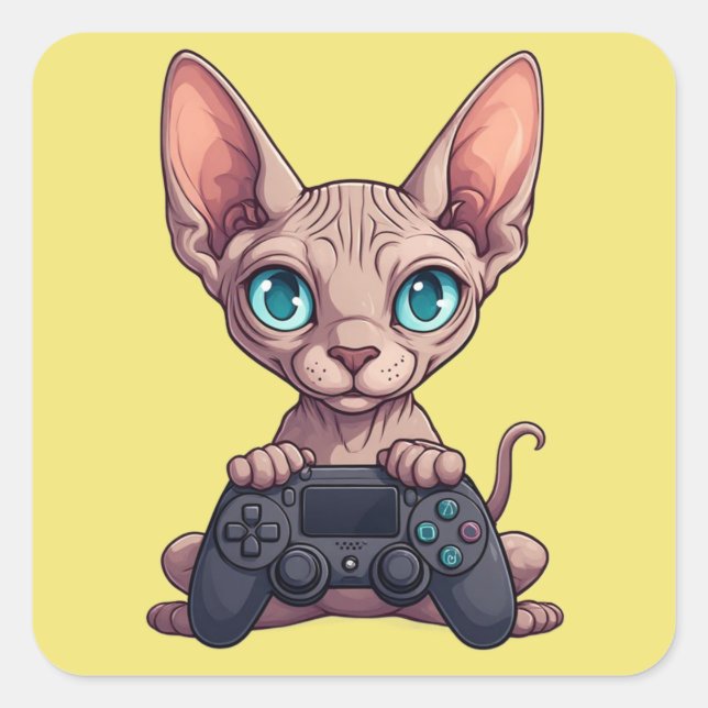 Adesivo Quadrado Gato Sphynx Segurando Controle de Jogo (Frente)