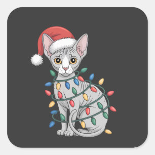 Adesivo Quadrado Gato Sphynx Vestindo um Chapéu de Papai Noel e Env