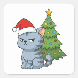 Adesivo Quadrado Gato Tabby Cinza Mal-Humorado Chapéu Vermelho Árvo