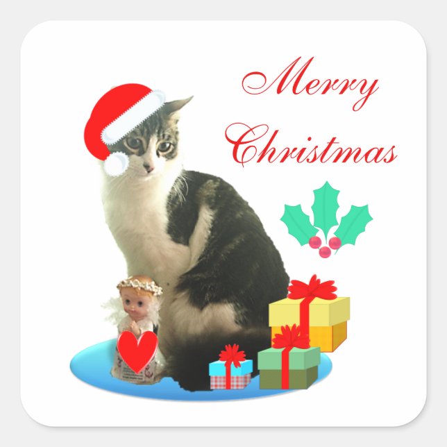 Adesivo Quadrado Gato Tabby de Natal Fofo (Frente)
