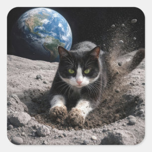 Adesivo Quadrado Gato Tuxedo Cavando uma Cratera Lunar