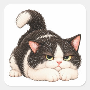 Adesivo Quadrado Gato Tuxedo Mal-Humorado Design Fofo e Irritado