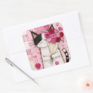 Adesivo Quadrado Gato Tuxedo Segurando Buquê de Rosas Rosa