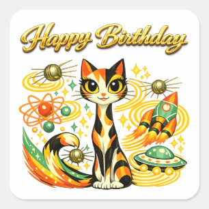 Adesivo Quadrado Gato Xadrez de Feliz Aniversário Idade Espacial At