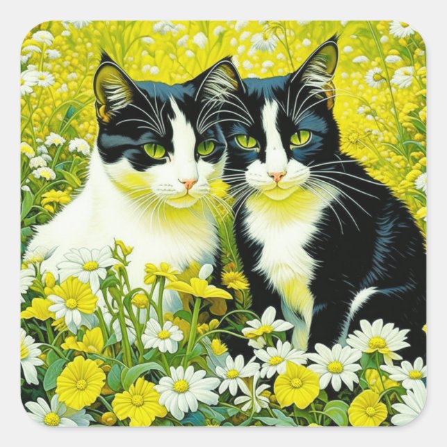 Adesivo Quadrado Gatos Adoráveis sentados em um campo de Daisies (Frente)