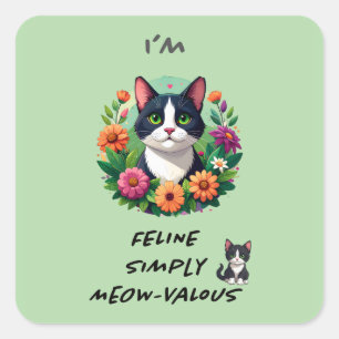 Adesivo Quadrado Gatos amantes floral Gato Tuxedo 'Adesivo de Prima