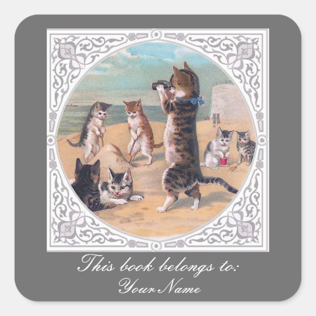 Adesivo Quadrado Gatos Antropomórficos na Praia (Frente)