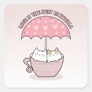 Adesivo Quadrado Gatos bonitos na caneca debaixo do guarda-chuva