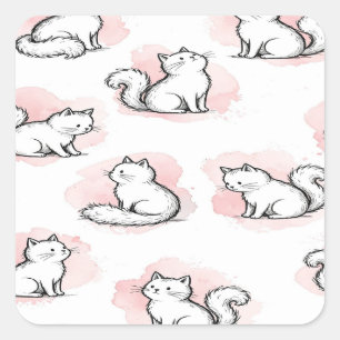 Adesivo Quadrado Gatos Brancos Fofos Padrão Aquarela Rosa Gato Kawa