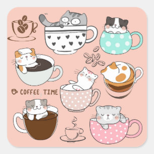 Adesivo Quadrado Gatos de café engraçados