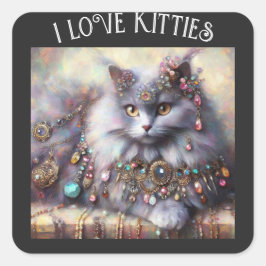 Adesivo Quadrado Gatos De Cinzas De Cabelo Longo Gato Vestindo Gems