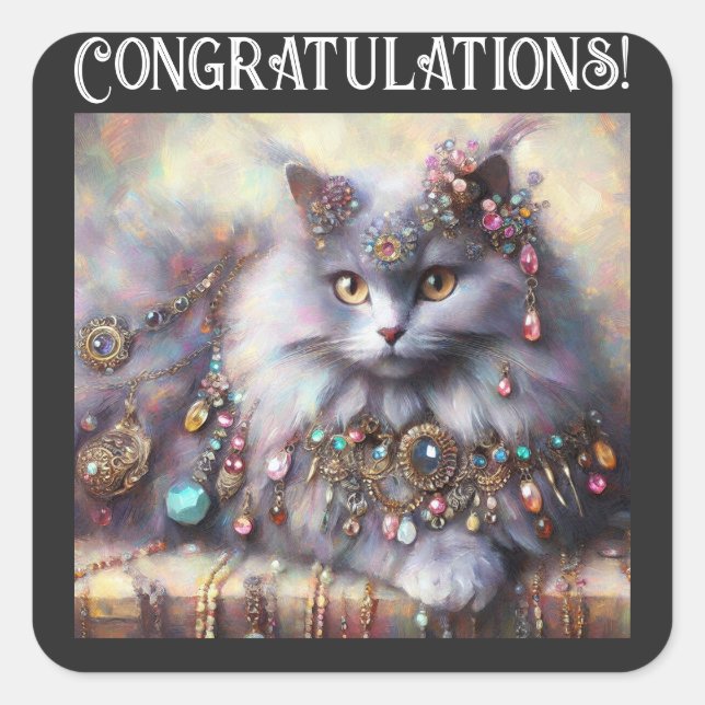 Adesivo Quadrado Gatos De Cinzas De Cabelo Longo Gato Vestindo Gems (Frente)
