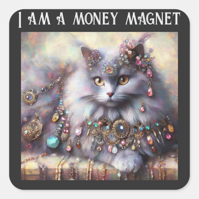 Adesivo Quadrado Gatos De Cinzas De Cabelo Longo Gato Vestindo Gems (Frente)