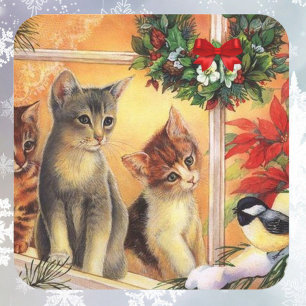 Adesivo Quadrado Gatos de Natal Observando Pássaros Cartão Fofo