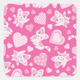 Adesivo Quadrado Gatos E Corações Cor-De-Rosa