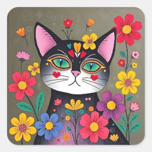 Adesivo Quadrado Gatos e flores de arte em preto