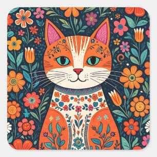 Adesivo Quadrado Gatos e Flores de Arte Folical Whimsical
