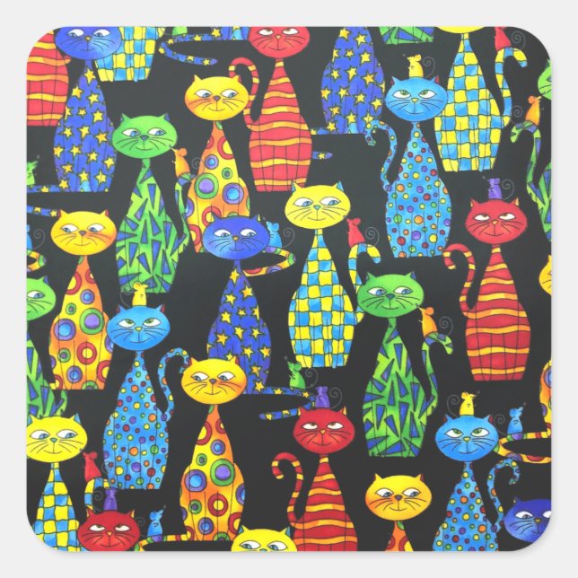 Adesivo Quadrado Gatos e Ratos Coloridos (Frente)