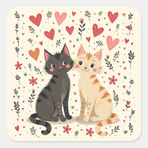 Adesivo Quadrado Gatos Fofos de São Valentim Retrô
