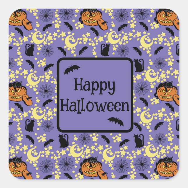 Adesivo Quadrado Gatos, Morcegos e Estrelas de Halloween (Frente)