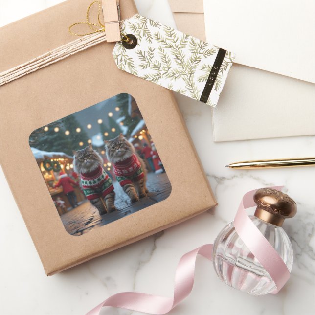 Adesivo Quadrado Gatos Persas Natal Neve Feriado (Presentear)