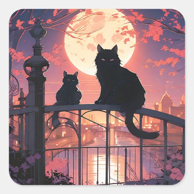 Adesivo Quadrado Gatos Pretos e Lua Cheia (Frente)