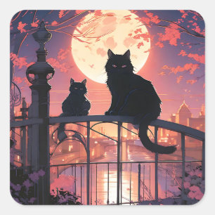 Adesivo Quadrado Gatos Pretos e Lua Cheia