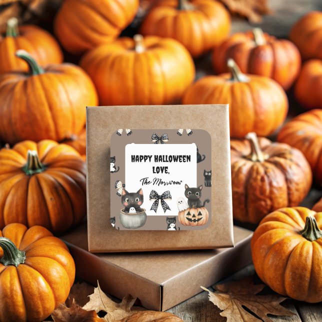 Adesivo Quadrado Gatos segurando fantasmas no Black Halloween Gift  (Cute Cats and ghosts Square Sticker)