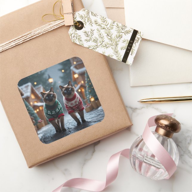 Adesivo Quadrado Gatos Siameses Natal Neve Férias (Presentear)