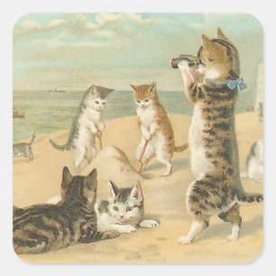 Adesivo Quadrado "Gatos vintage na praia"