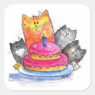 Adesivo Quadrado Gatos Whimsso com Bolo de Aniversário
