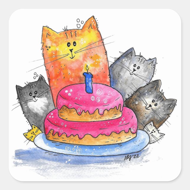Adesivo Quadrado Gatos Whimsso com Bolo de Aniversário (Frente)