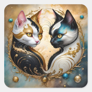 Adesivo Quadrado Gatos Yin-Yang com Elementos Cósmicos Mágicos