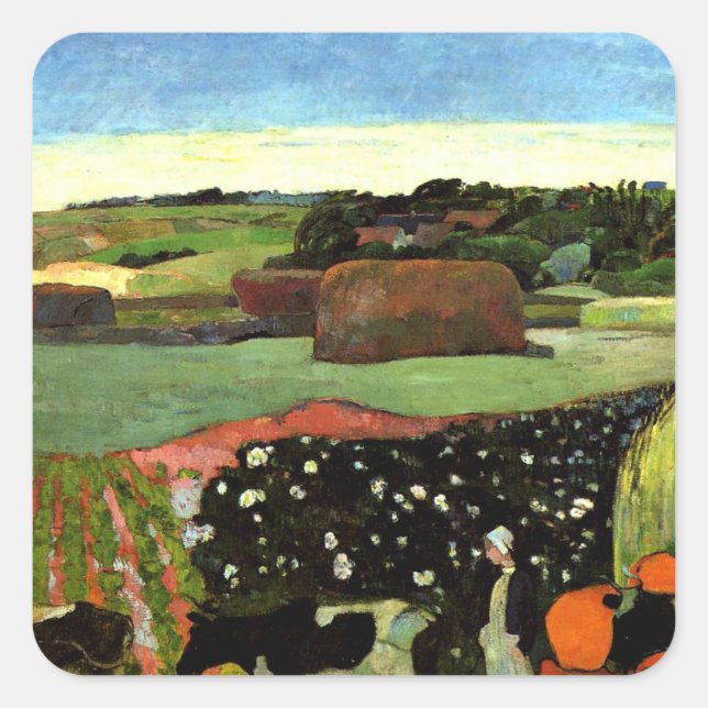 Adesivo Quadrado Gauguin - Haystacks na Bretanha, (Frente)
