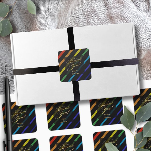Adesivo Quadrado Gay Men Wedding Elegant Rainbow Thank You (Criador carregado)