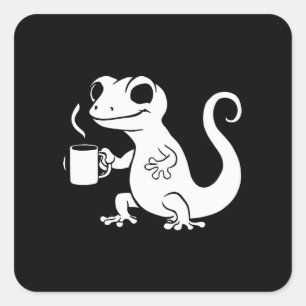Adesivo Quadrado gecko giro segurando uma caneca de café
