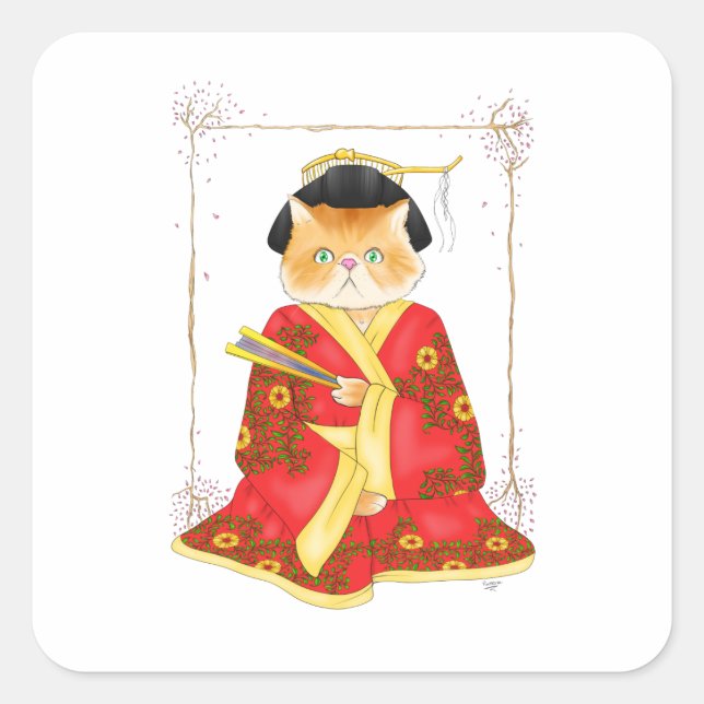 Adesivo Quadrado Geisha Cat Stickers (Frente)
