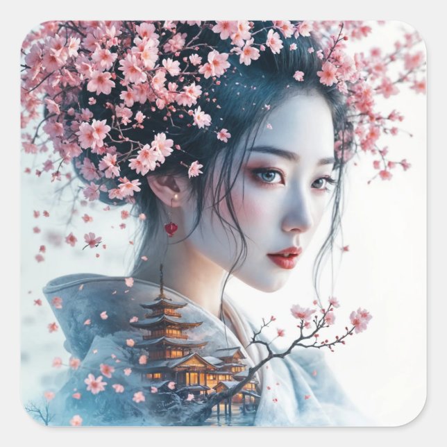 Adesivo Quadrado  Geisha portrait, cherry blossoms, Japanese art, (Frente)