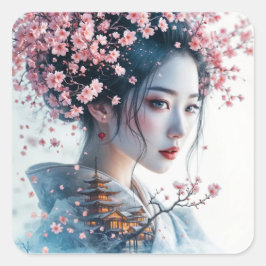 Adesivo Quadrado  Geisha portrait, cherry blossoms, Japanese art,