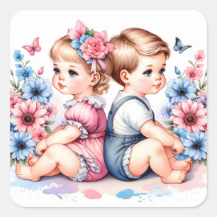 Adesivo Quadrado Gêmeos da Vintagem Corta   Menino e Menina