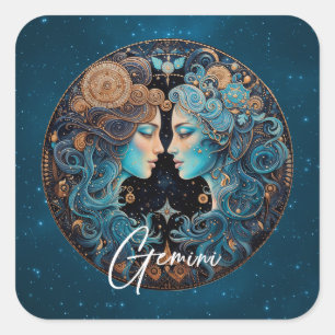 Adesivo Quadrado Gemini Celestial Símbolo Zodiac Negro Gemini Doura