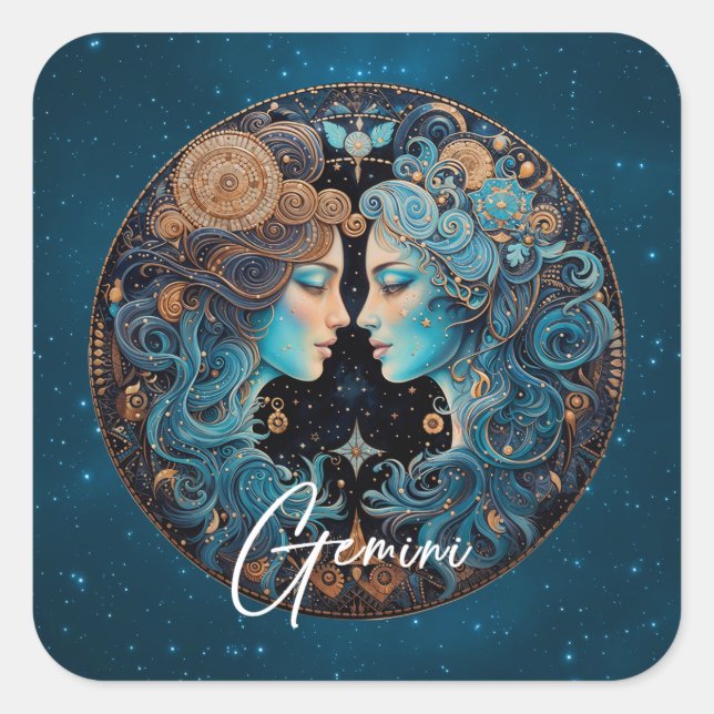 Adesivo Quadrado Gemini Celestial Símbolo Zodiac Negro Gemini Doura (Frente)