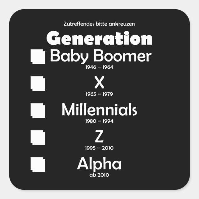 Adesivo Quadrado Generationen Baby Boomer, X, Y, Millennials, Z, Al (Frente)