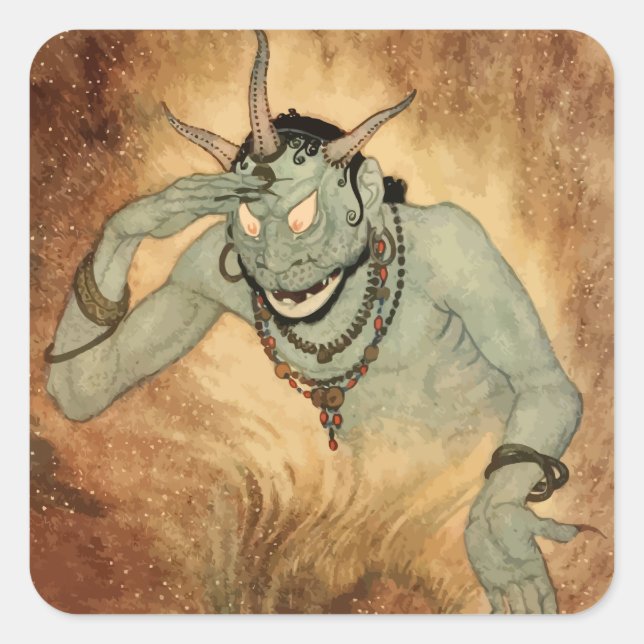 Adesivo Quadrado Genie das Noites Árabes por Edmund Dulac (Frente)