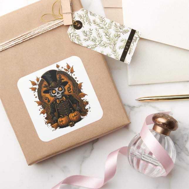 Adesivo Quadrado Gentleman Skeleton Halloween Art | Vintage Spooky  (Presentear)