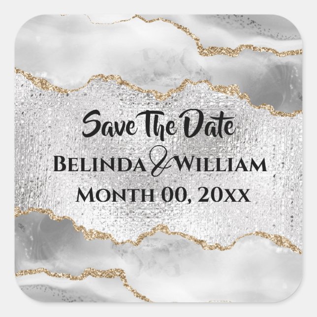 Adesivo Quadrado Geodo falso prata dourado água-marinha aguarela ch (Frente)