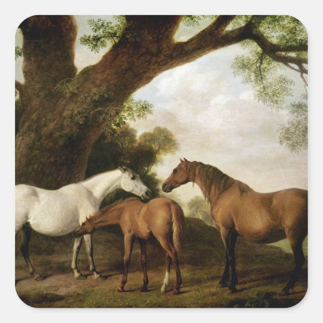 Adesivo Quadrado George Stubbs | Dois Shafto Mares e um Foal, 1774 (Frente)