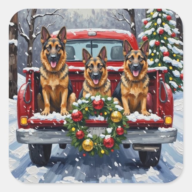 Adesivo Quadrado German Shepherd Christmas Red Truck Holiday (Frente)